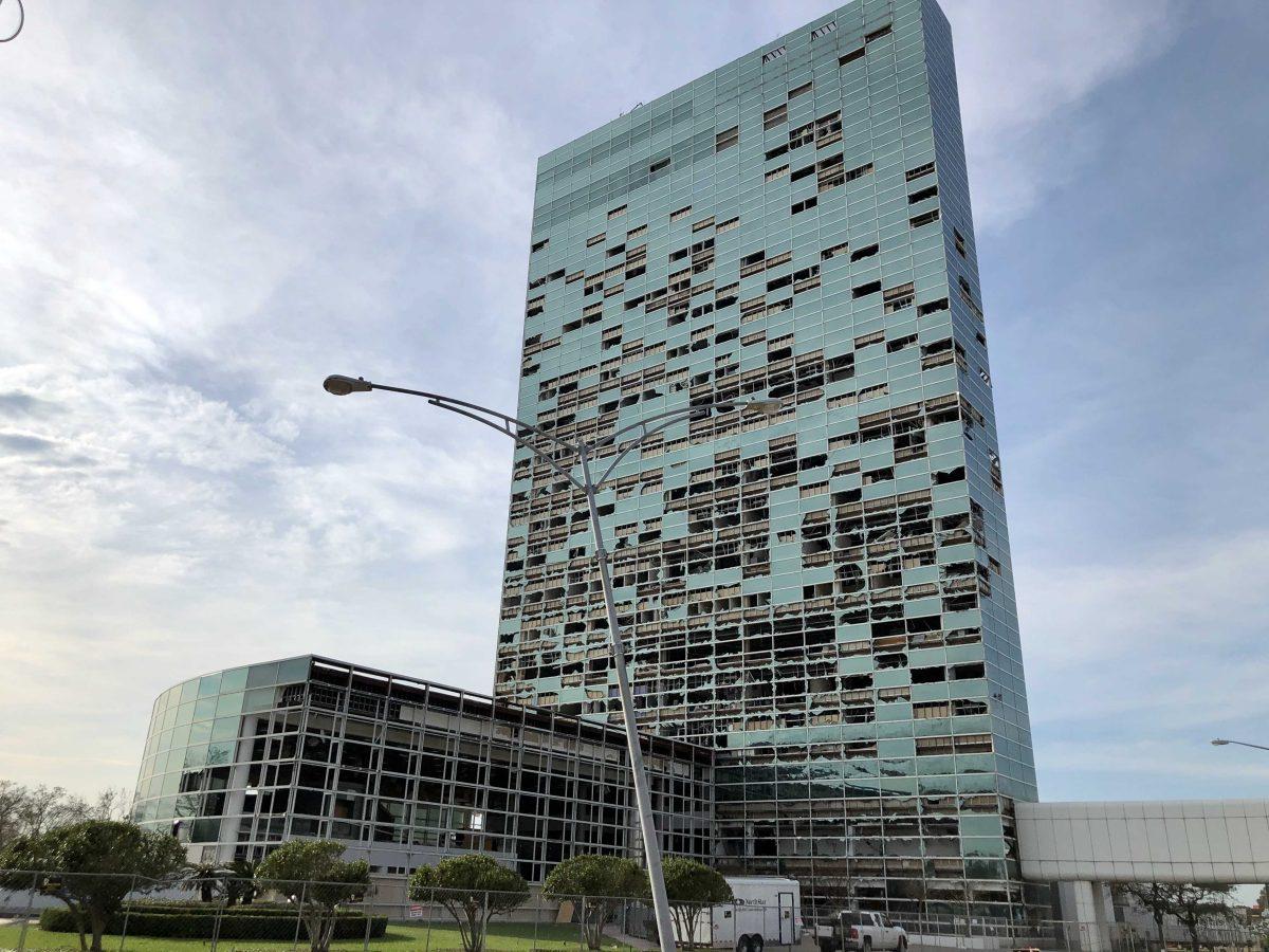 Hurricane Laura's winds ripped glass from the Captial One building in Lake Charles, the City's tallest building. Photo by Rob Perillo.&#160;