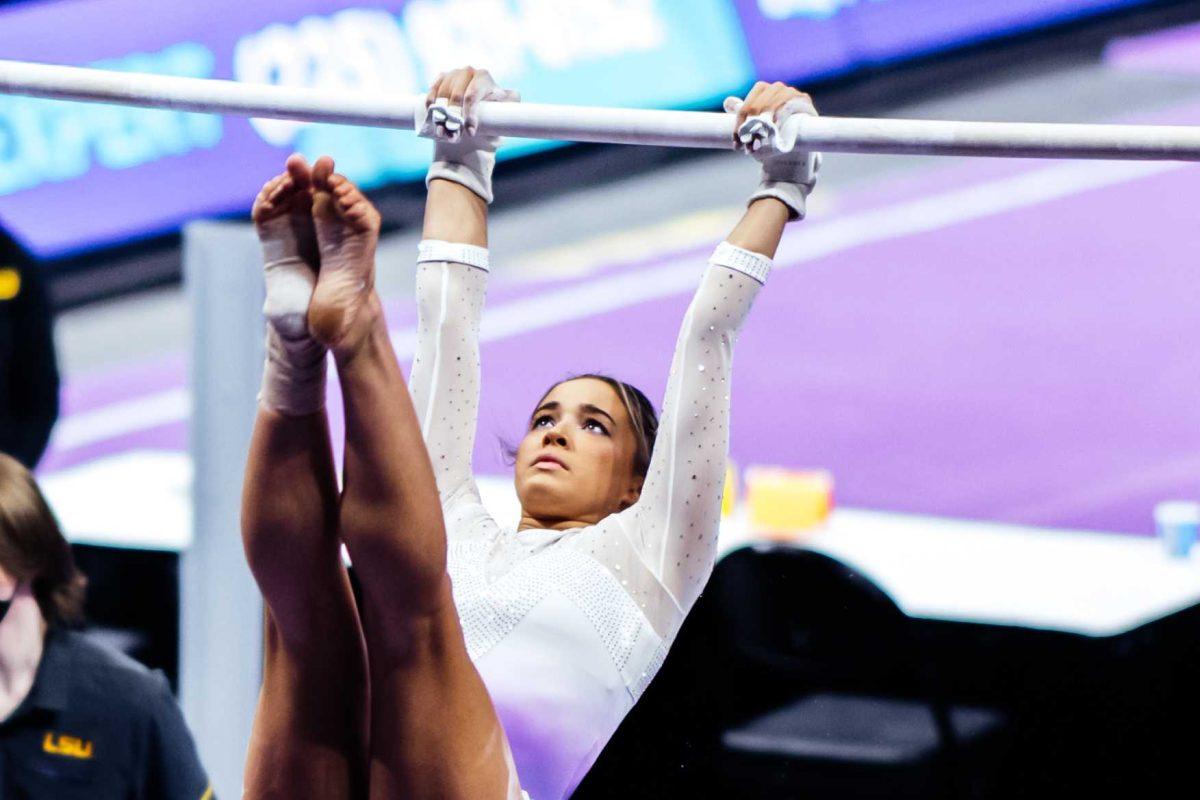 LSU gymnastics freshman all-around Olivia Dunne performs her uneven bars routine Friday, March 3, 2021 during LSU's 197.875-196.175 win over Missouri in the Pete Maravich Assembly Center on N. Stadium Drive in Baton Rouge, La.