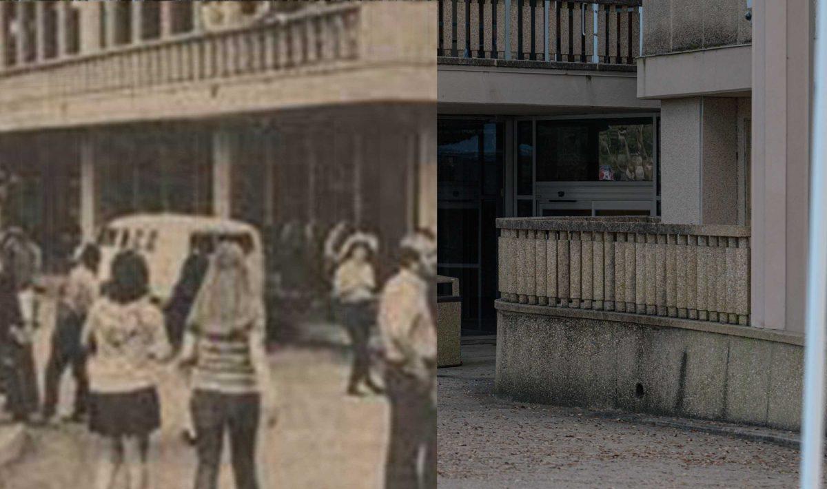 A photo of students outside the Union from 1975 sits along with a current image of the Student Union from March 9, 2021 in Baton Rouge.