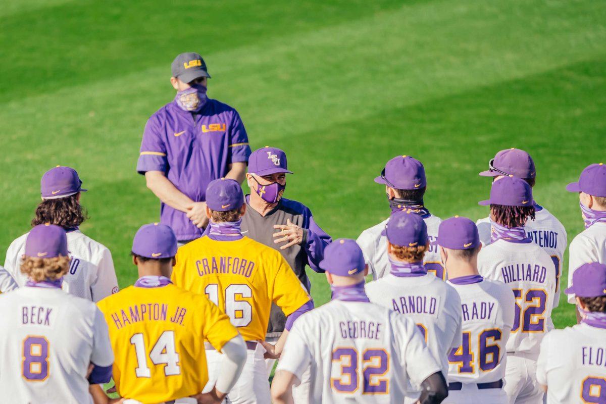 LSU baseball head coach Paul Mainieri talks to his team Friday, Jan. 29, 2021 during baseball white vs. gold media day at Alex Box Stadium on Gourrier Avenue in Baton Rouge, La.