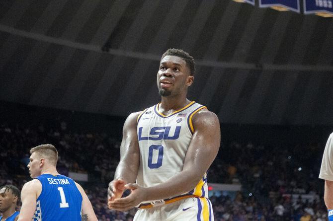 LSU sophomore forward Darius Days (0) walks back on defense during the Tigers' 79-76 loss to Kentucky on Tuesday, Feb. 18, 2020, in the PMAC.