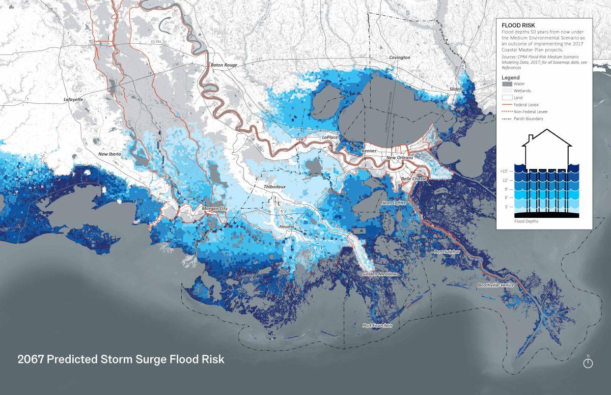 Map of the predicted flood risk in southeastern Louisiana over the next fifty years. Photo courtesy of Waggonner &amp; Ball Architecture/Environment.