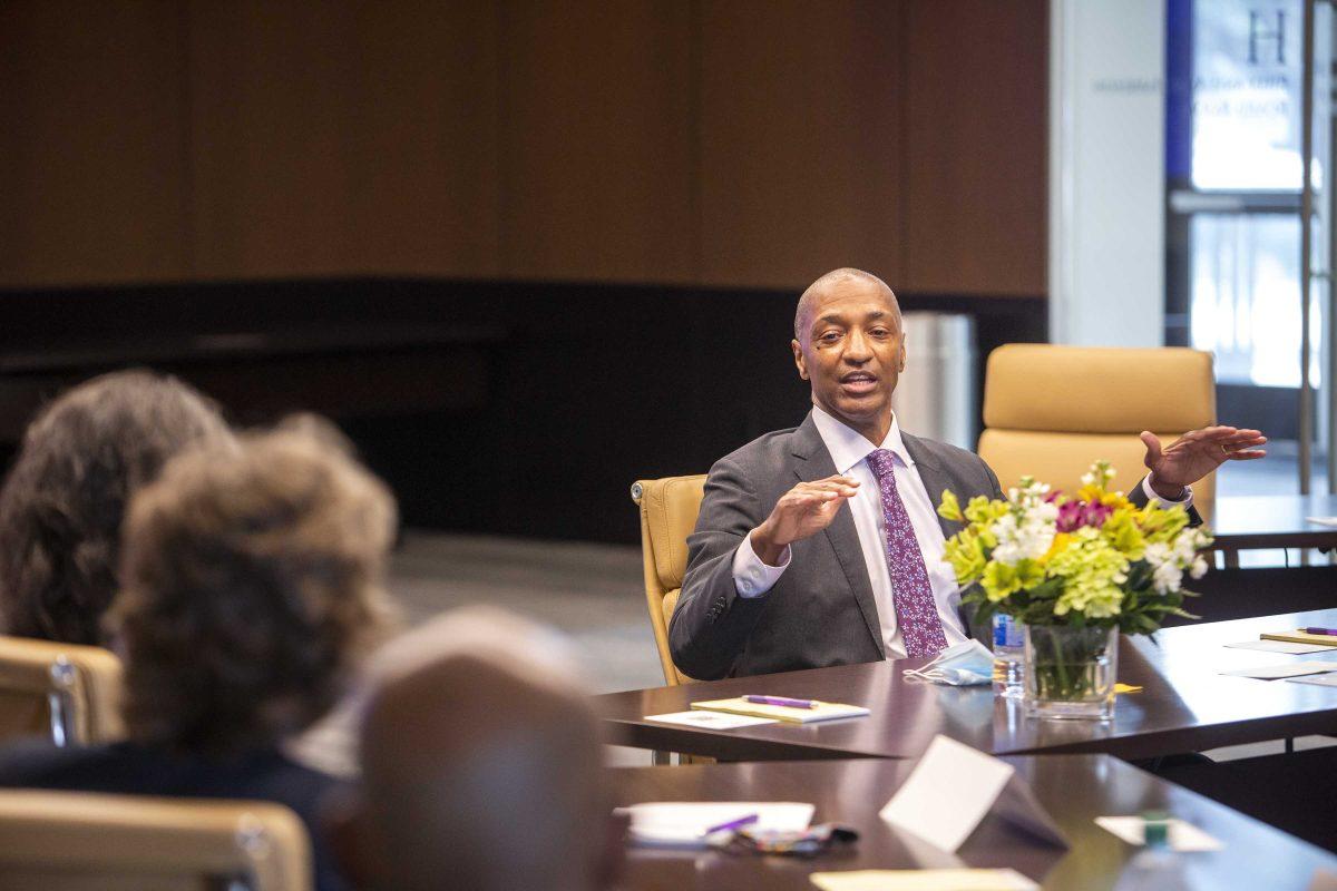 William Tate IV speaks during the interview process in LSU's presidential search on May 6, 2021. Tate was named president of LSU on May 7, 2021.&#160;Courtesy Katherine Seghers, LSU.