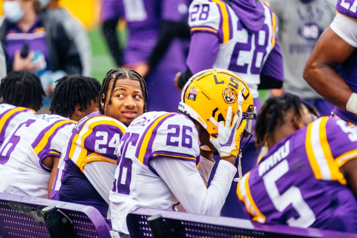 LSU football junior cornerback Derek Stingley looks in the crowd Saturday, April 17, 2021 where the LSU football white team defeated purple 23-14 during their spring game at Tiger Stadium in Baton Rouge, La.