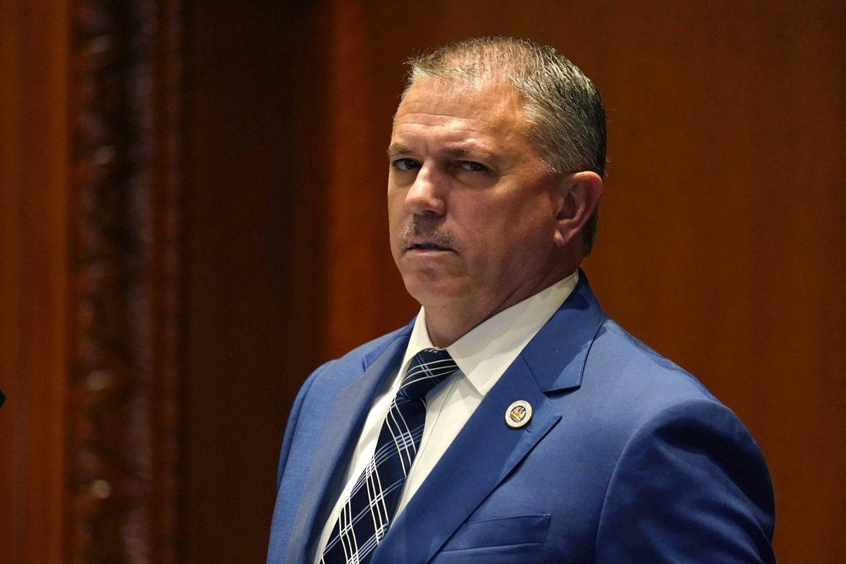 House Speaker Clay Schexnayder waits to hear results of votes in the Senate Chambers during a veto session in Baton Rouge, La., Tuesday, July 20, 2021. Louisiana state senators have narrowly voted to overturn Democratic Gov. John Bel Edwards' rejection of a bill prohibiting transgender students from participating in school sports. The vote came Tuesday on the opening day of the first veto session under the state's nearly 50-year-old constitution. (AP Photo/Gerald Herbert)