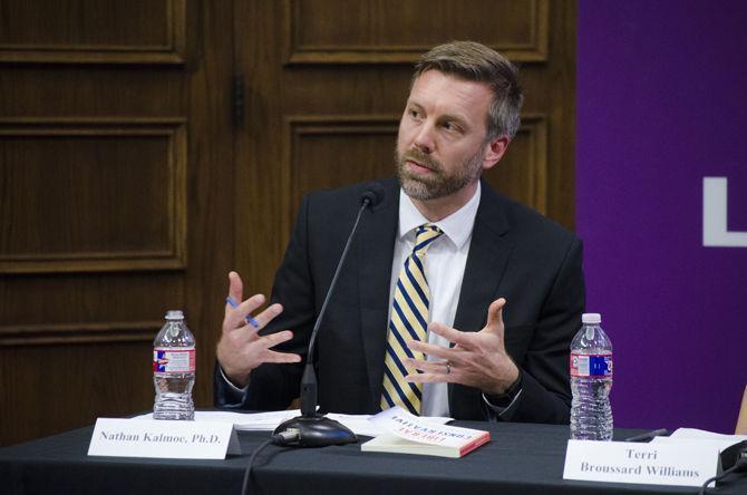 Assistant professor of political communication Nathan Kalmoe talks at the Neither Liberal Nor Conservative Panel on Thursday, Oct. 26, 2017, in the Holliday Forum.