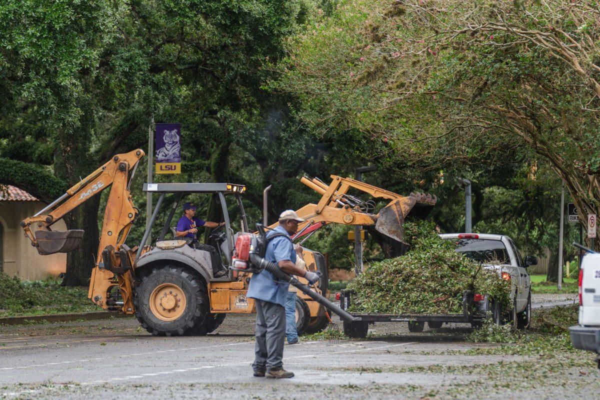 An LSU staff member dumps leaves and branches into a trailer Monday, Aug. 30, 2021, the morning after Hurricane Ida struck Southern Louisiana on Dalrymple Drive.