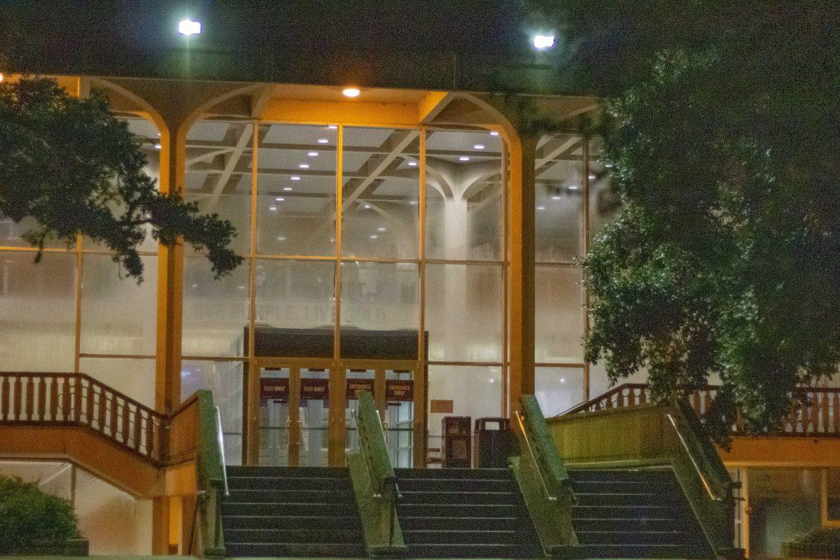 LSU Student Union's glass facade shines at night on LSU's Campus, Tuesday, Aug. 24, 2021.