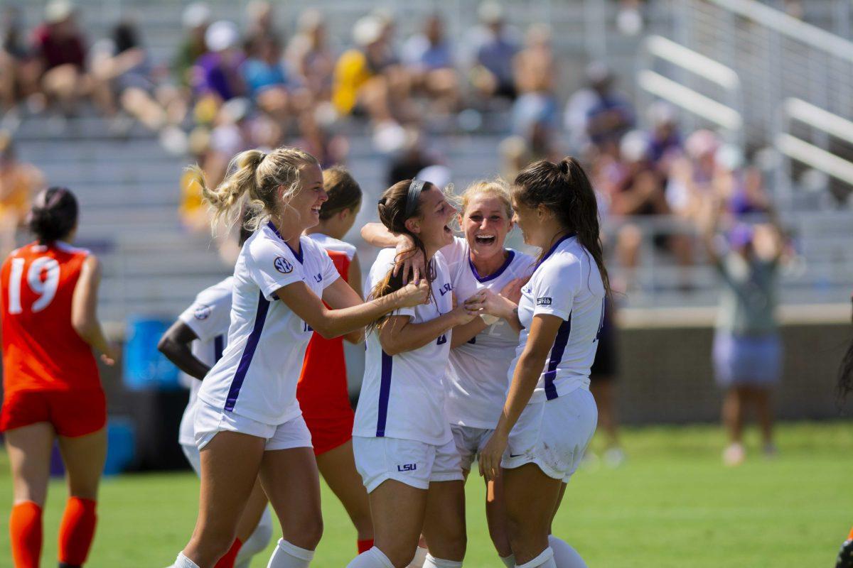 The LSU soccer team celebrates Sunday, Aug. 22, 2021, during their 8-0 win against Sam Houston at the LSU Soccer Stadium in Baton Rouge, La.