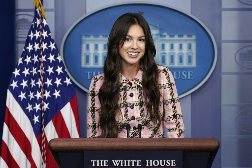 Teen pop star Olivia Rodrigo speaks at the beginning of the daily briefing at the White House in Washington, Wednesday, July 14, 2021. Rodrigo is at the White House to film a vaccination video.