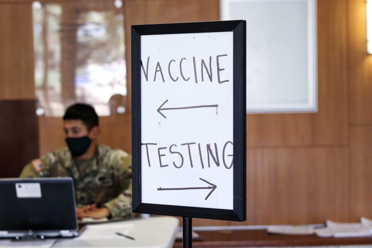 A sign directs students inside the COVID testing site in the Student Union Friday, September 10, 2021, 310 LSU Student Un, Baton Rouge, LA.