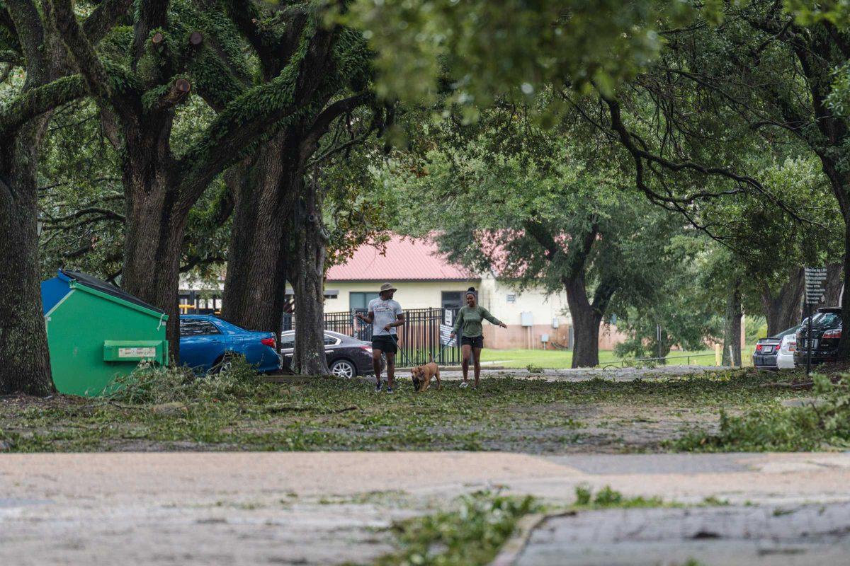 A man and woman walk their dogs among hurricane debris Monday, Aug. 30, 2021, the morning after Hurricane Ida struck Southern Louisiana,&#160;near the East Campus Apartments on Veterans Drive.