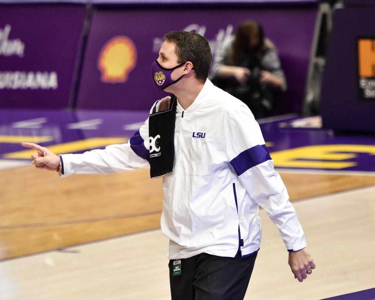 LSU men's basketball head coach Will Wade calls out a play Saturday, Feb. 20, 2021 during LSU's 104-80 win against Auburn at the Pete Maravich Assembly Center on N Stadium Drive in Baton Rouge, La.&#160;