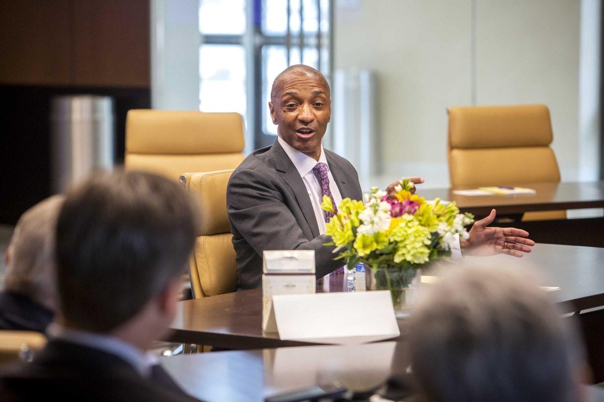 William Tate IV speaks during the interview process in LSU's presidential search on May 6, 2021. Tate was named president of LSU on May 7, 2021.&#160;Courtesy Katherine Seghers, LSU.