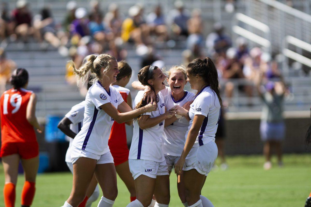 The LSU soccer team celebrates Sunday, Aug. 22, 2021, during their 8-0 win against Sam Houston at the LSU Soccer Stadium in Baton Rouge, La.