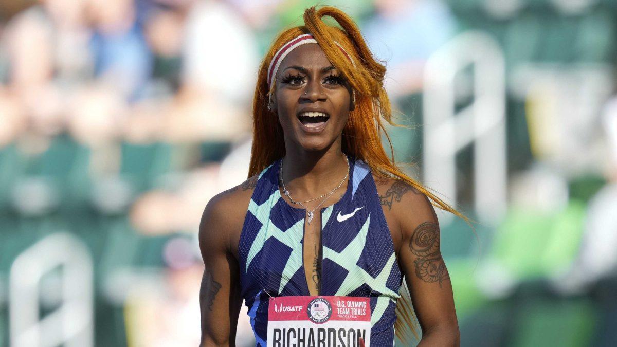 In this June 19, 2021 photo, Sha'Carri Richardson celebrates after winning the first heat of the semis finals in women's 100-meter run at the U.S. Olympic Track and Field Trials in Eugene, Ore. Richardson cannot run in the Olympic 100-meter race after testing positive for a chemical found in marijuana. Richardson, who won the 100 at Olympic trials in 10.86 seconds on June 19, told of her ban Friday, July 2 on the &#8220;Today Show.&#8221;(AP Photo/Ashley Landis)