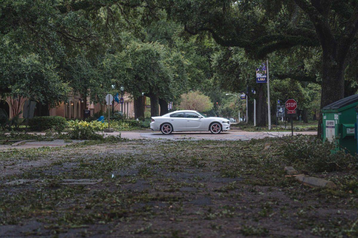 A car passes by Monday, Aug. 30, 2021, a leaf and branch filled street the morning after Hurricane Ida struck Southern Louisiana&#160;near the East Campus Apartments on Veterans Drive.