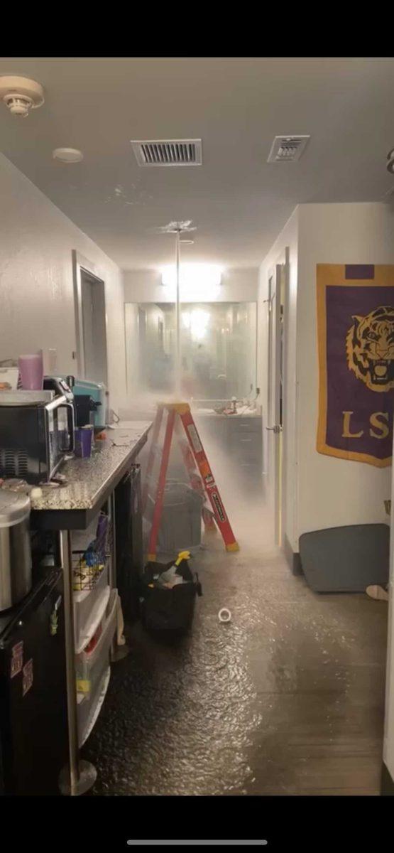 A broken sprinkler head pours water into Carmen Kellerman and Christin Ransome's dorm common area on Wednesday, Sept. 15.