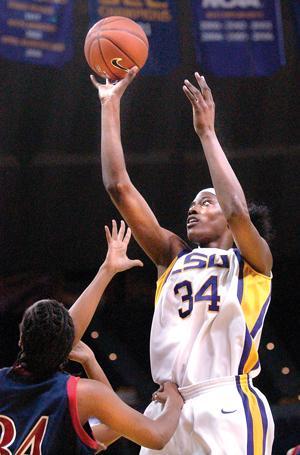 Sylvia Fowles jumps to shoot the ball against Howard University during the first half of LSU's 88-44 win Monday night in the PMAC. Fowles scored 18 points with 14 rebounds and scored the 1000th point of her career against the Bison.