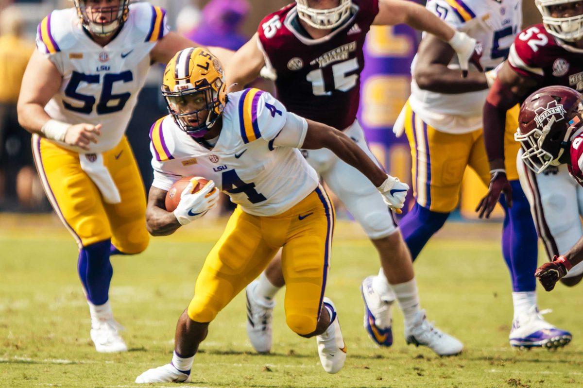 LSU football sophomore running back John Emery Jr. (4) runs the ball Saturday, Sep. 26, 2020 during LSU's 44-24 loss against Mississippi State in Tiger Stadium.