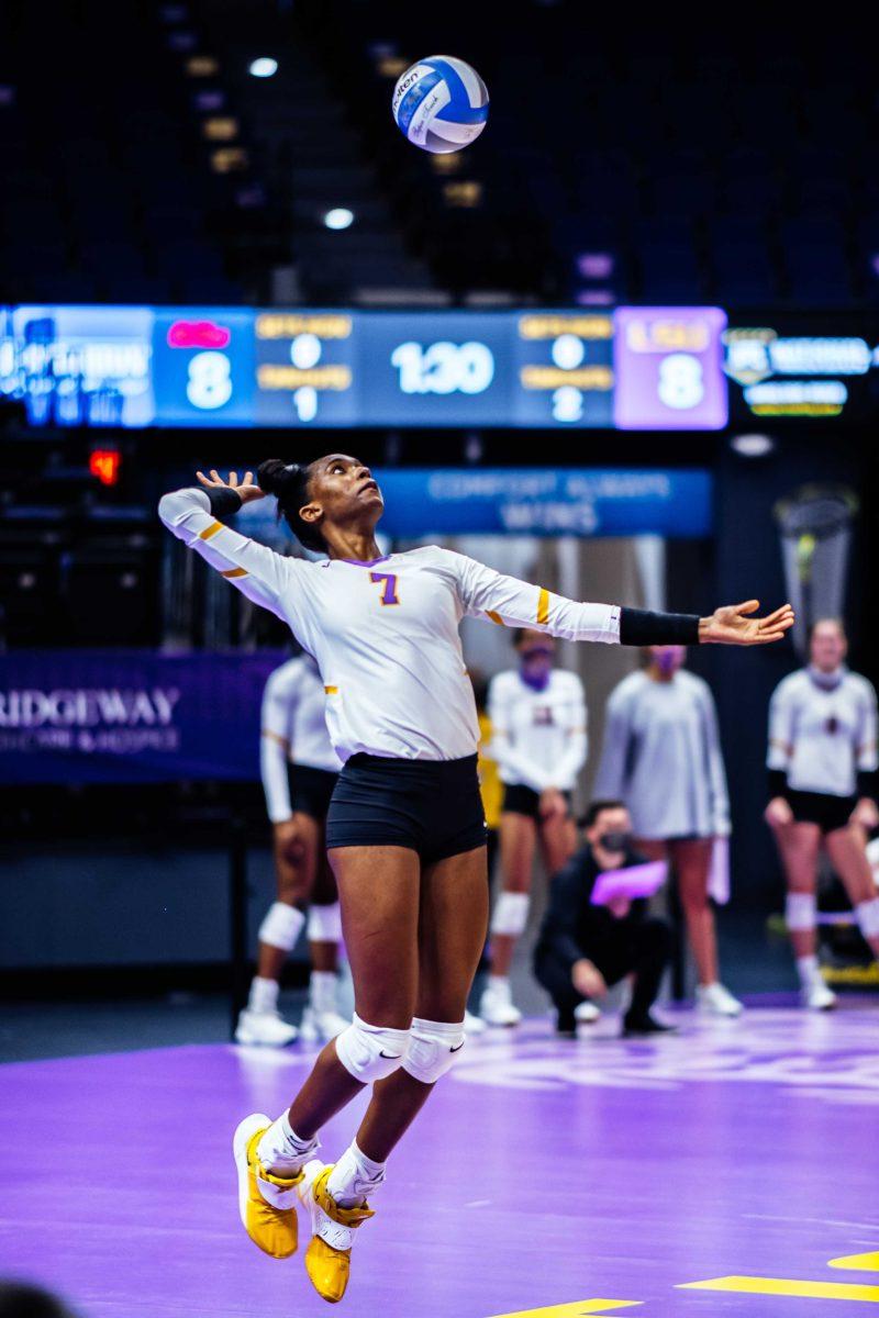 LSU volleyball right side senior Taylor Bannister (7) gets ready to serve the ball Sunday, Feb. 28, 2021 during LSU's 2-3 loss against Ole Miss in the Pete Maravich Assembly Center on N. Stadium Drive in Baton Rouge, La.