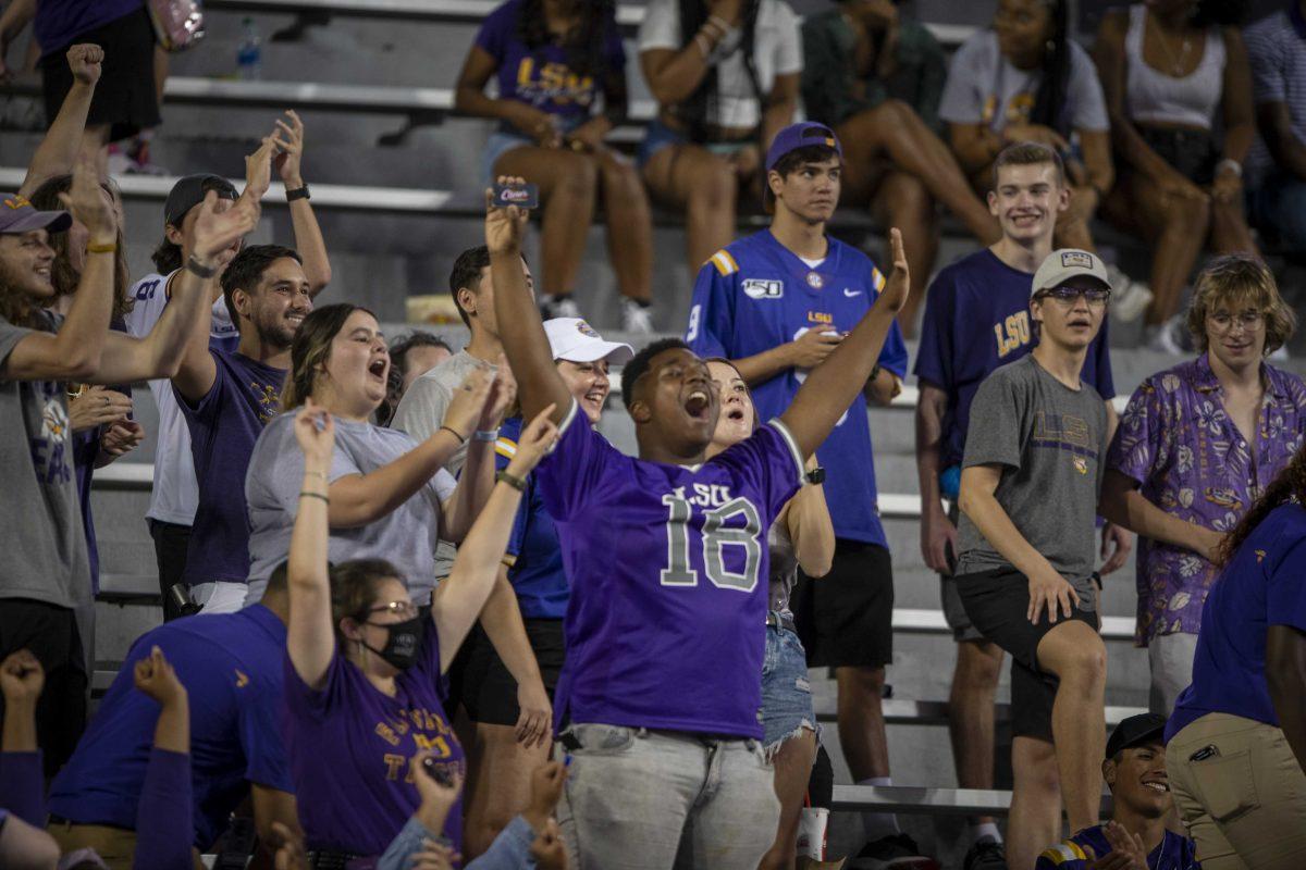 LSU football fans cheer Saturday, Sept. 18, 2021, after seeing themselves on the jumbotron during the LSU vs Central Michigan game in Tiger Stadium.