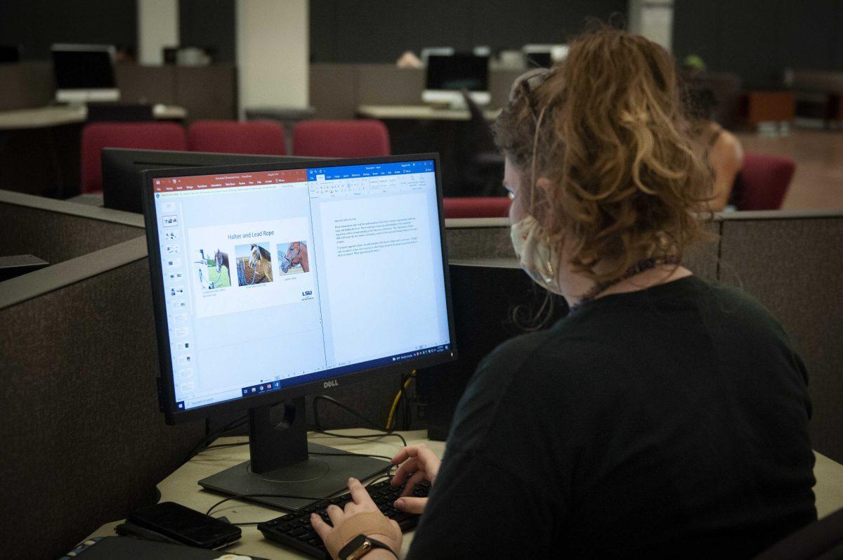 Animal science sophomore Archer Hill works on a computer on Friday, Sept. 17, 2021, in the LSU Library on LSU's campus.