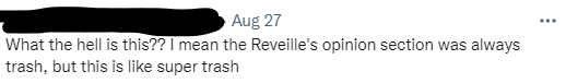 A disgruntled reader takes to Twitter to express their frustrations with an Aug. 27, 2021 Reveille opinion article.