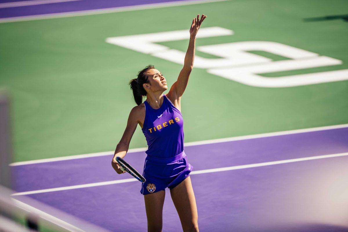 LSU women's tennis senior Taylor Bridges gets ready to serve Sunday, Jan. 31, 2021 during LSU's 4-0 win over Rice at the LSU Tennis Complex on Gourrier Avenue in Baton Rouge, La.