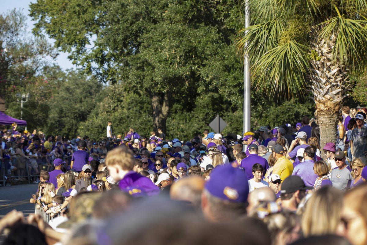 LSU fans swarm Victory Hill on Saturday, Sept. 11, 2021, to see the team before kickoff against McNeese State University&#160;on N. Stadium Drive in Baton Rouge, LA.