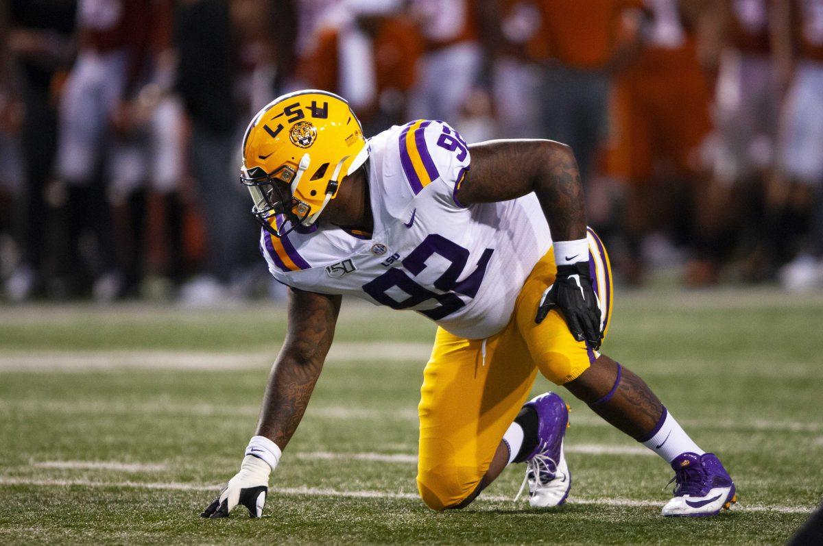 LSU junior defensive end Neil Farrell Jr. (92) lines up during the Tigers' 45-38 victory over Texas on Saturday, Sept. 7, 2019, at Darrell K Royal &#8211; Texas Memorial Stadium.