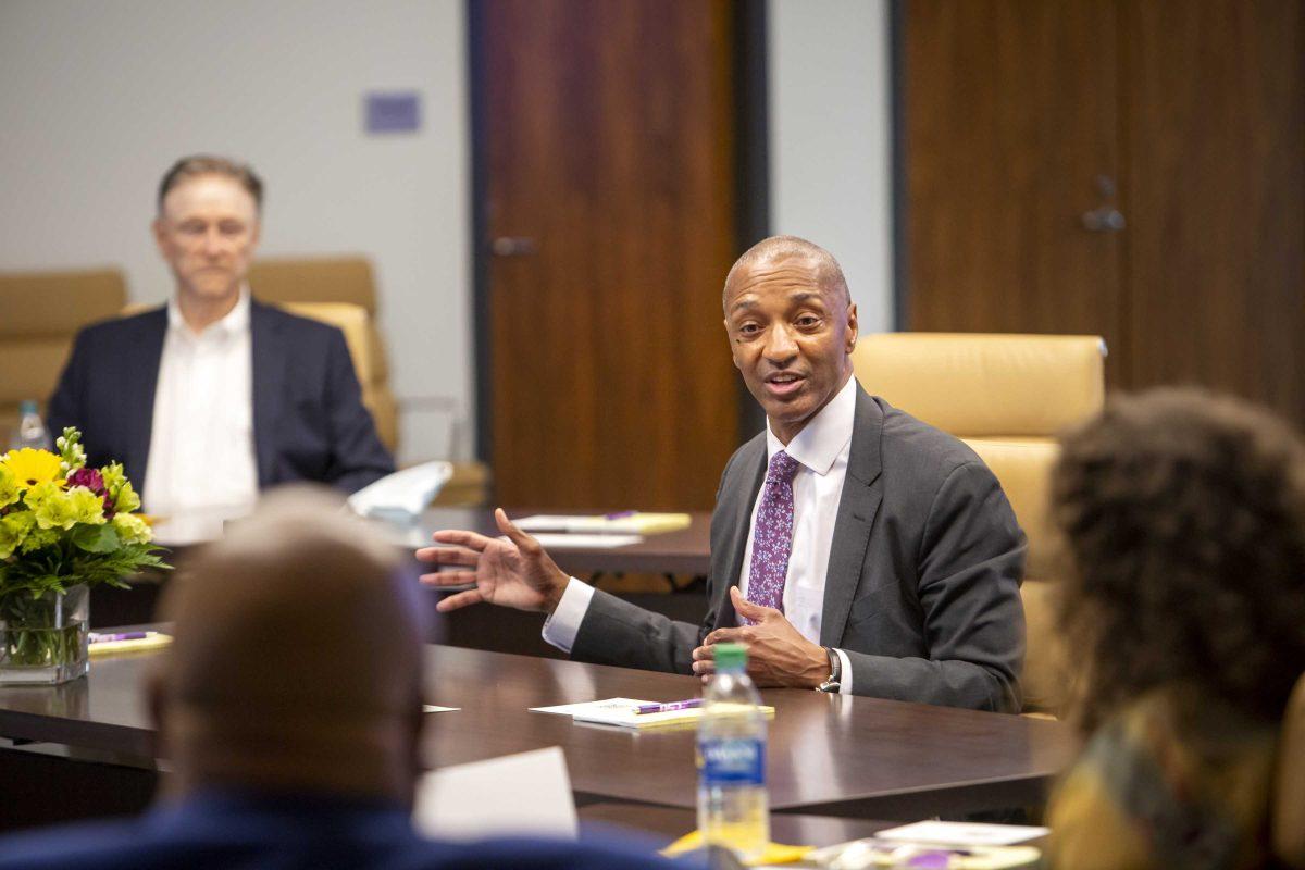 William Tate IV speaks during the interview process in LSU's presidential search on May 6, 2021. Tate was named president of LSU on May 7, 2021.&#160;Courtesy Katherine Seghers, LSU.