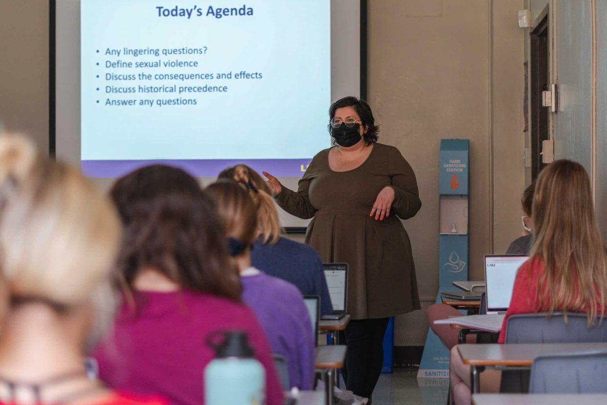 LSU professor Dr. Ashley Mack begins a lecture on Aug. 26, 2021, during class in room 202 of Coates Hall.