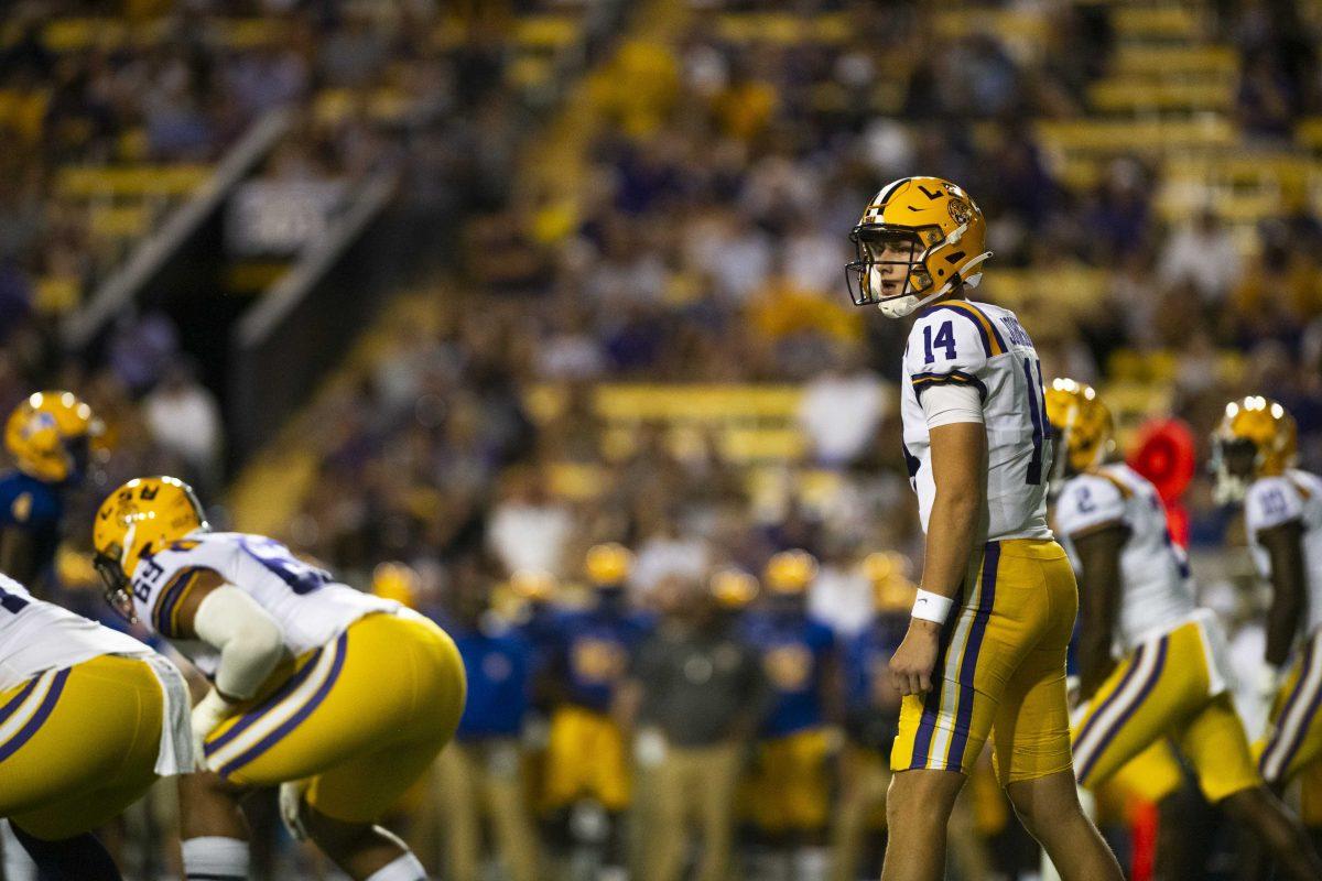 LSU football sophomore quarterback Max Johnson (14) looks to the sideline Saturday, Sept. 11, 2021, during LSU&#8217;s 34-7 win against McNeese State University at Tiger Stadium in Baton Rouge, La.