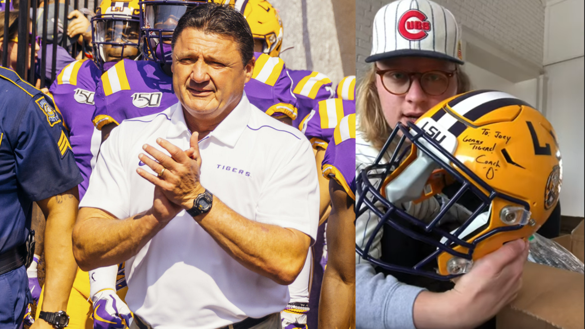 Comedian Joey Mulinaro shows off an LSU helmet signed by Ed Orgeron. Courtesy Joey Mulinaro