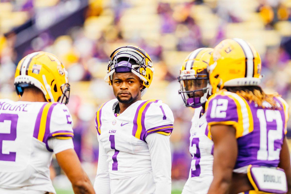 LSU football sophomore wide receiver Kayshon Boutte (1) looks at his team before the start of the game Saturday, April 17, 2021, where the LSU football white team defeated purple 23-14 during their spring game at Tiger Stadium in Baton Rouge, La.