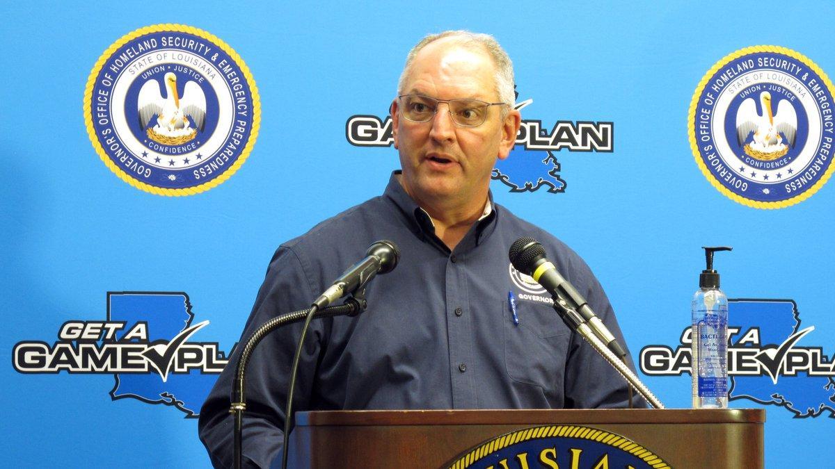 Louisiana Gov. John Bel Edwards talks about his state's response to Hurricane Laura and to the coronavirus pandemic during a news conference, Tuesday, Sept. 1, 2020, in Baton Rouge, La.