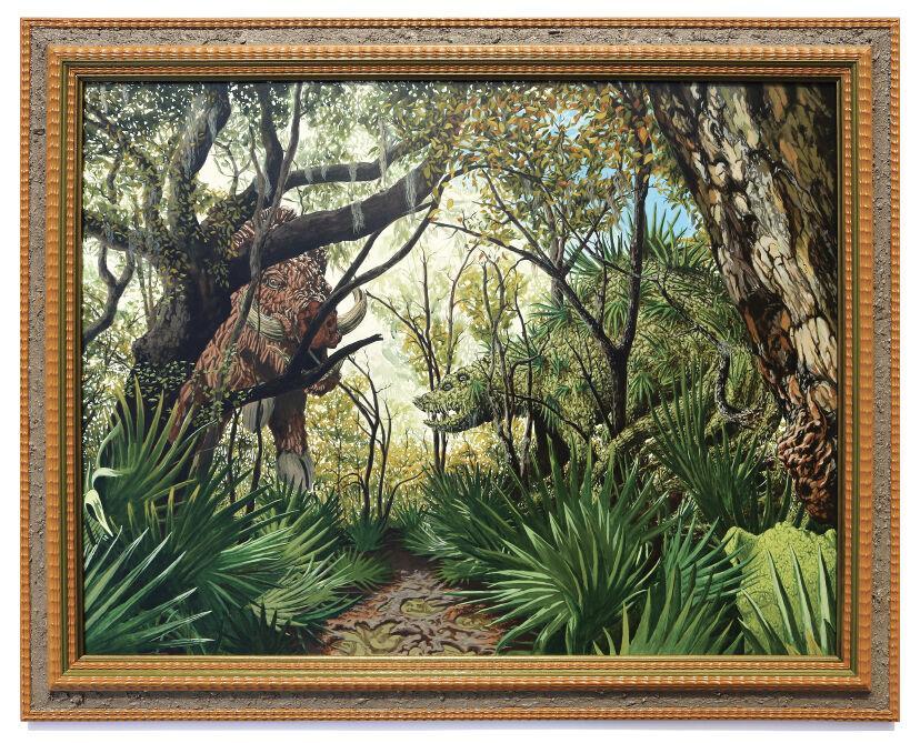 This painting by Jonathan Mayers entitled "Le Grand Cochon bois&#233; contre Le Gardien palmiste&#160;(The Great Wooded Boar vs. The Palm Guardian)" includes Jean Lafitte sediment on a repurposed frame.&#160;