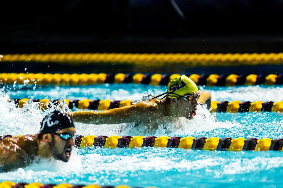 LSU swimming sophomore David Boylan performs the men's 200 yard butterfly Friday, Nov. 6 during the LSU swimming and diving vs. Alabama meet where men lost 194-84 and women lost 183-117 in the LSU Natatorium on W Chimes street in Baton Rouge, La.