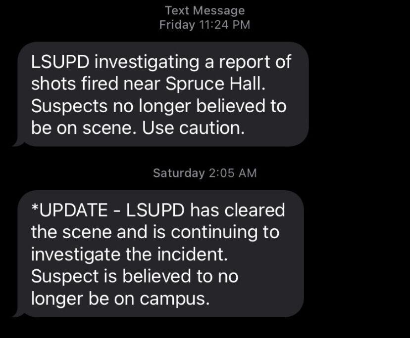 LSU sends text alert to all students about shooting near Spruce Hall.