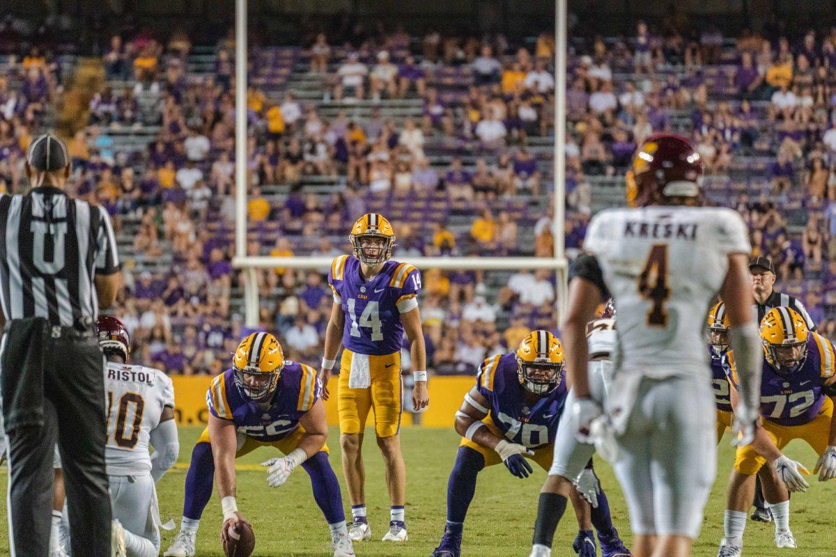 LSU football quarterback Max Johnson (14) awaits the snap on Saturday, Sept. 18, 2021, during LSU&#8217;s 49-21 victory over Central Michigan inside Tiger Stadium in Baton Rouge, La.