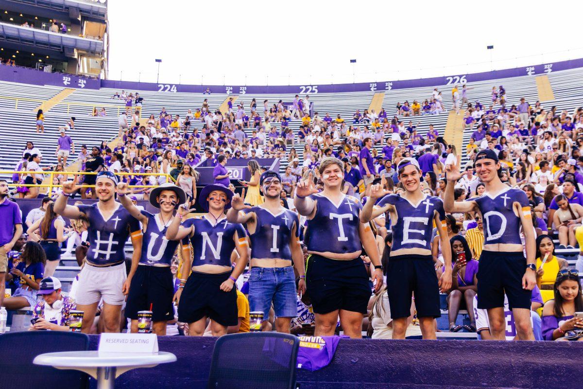 LSU fans spell "#United" Saturday, Sept. 11, 2021, in the student section before LSU's 34-7 win against McNeese at Tiger Stadium in Baton Rouge, La.