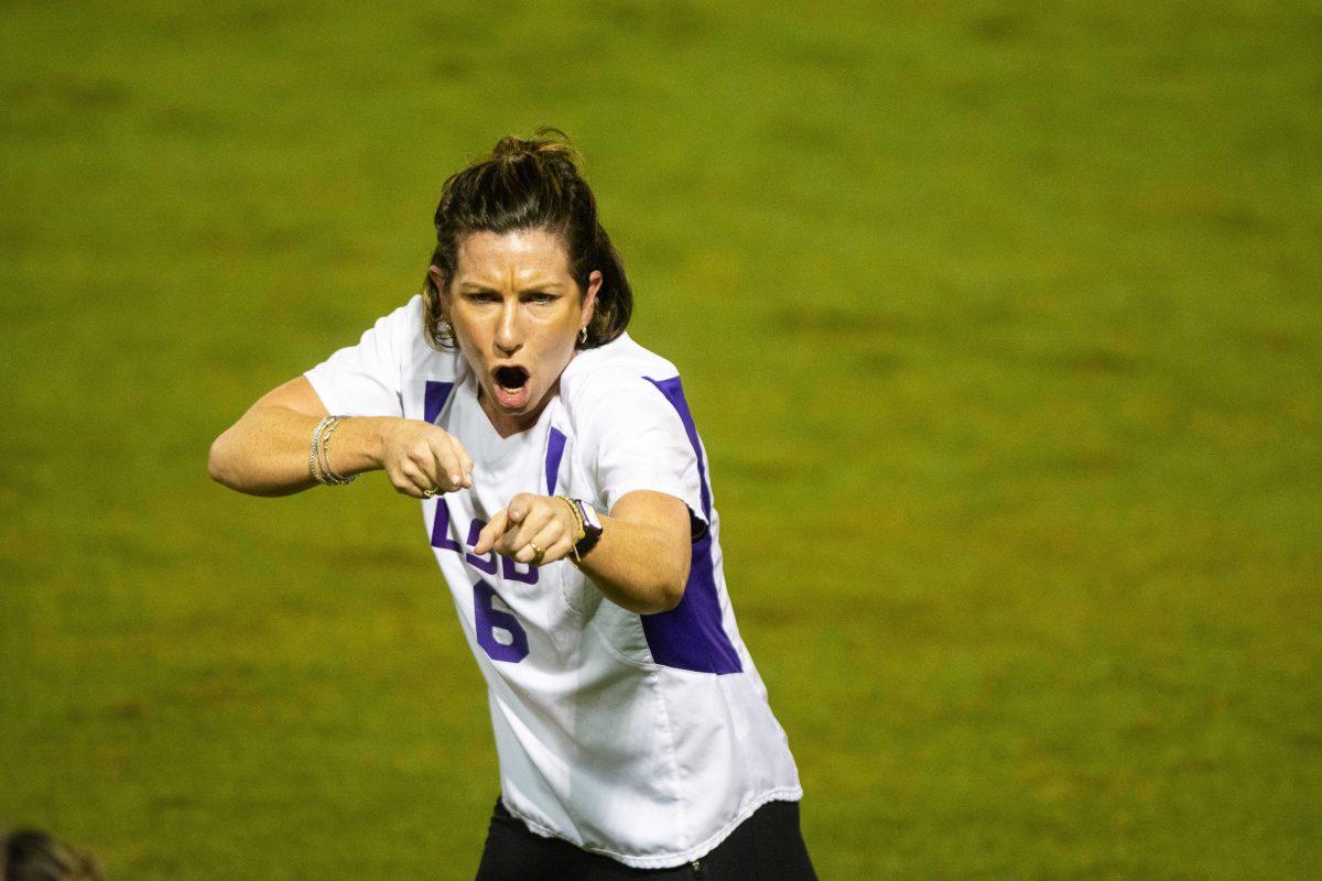 LSU soccer alumna Sara Pollock pumps up the fans during halftime Friday, Sept. 17, 2021, during their 2-0 win against Mississippi State at the LSU Soccer Stadium in Baton Rouge, La.