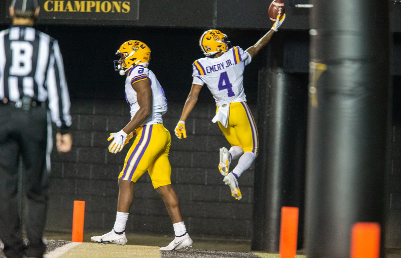 John Emery Jr. (4) celebrates after scoring a 12-yard touchdown in the fourth quarter of the Tigers' 41-7 win over Vanderbilt on Oct. 3, 2020. Courtesy Vanderbilt Athletics