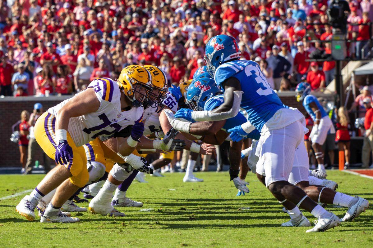 The LSU offensive line holds off the University of Mississippi players on Saturday, Oct. 23, 2021, during LSU's 31-17 loss against the University of Mississippi, in Vaught-Hemingway Stadium, Oxford, Mississippi.