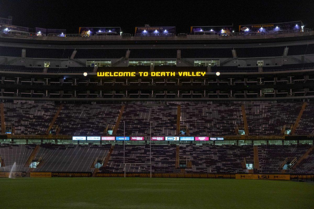 LSU Tiger Stadium lights up the field on Monday, Sept. 23, 2019, at Louisiana State University.