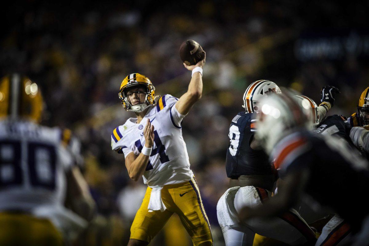 LSU football sophomore quarterback Max Johnson (14) throws the ball on Saturday, Oct. 2, 2021, during LSU's 24-19 loss against Auburn at Tiger Stadium in Baton Rouge, La.