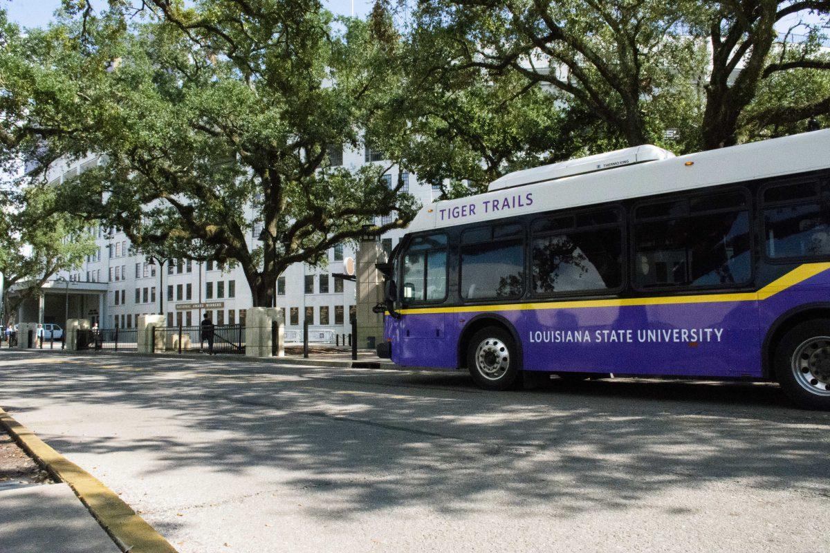 A tiger trails bus drives Tuesday, Oct. 5, 2021, on N Stadium Road at LSU.