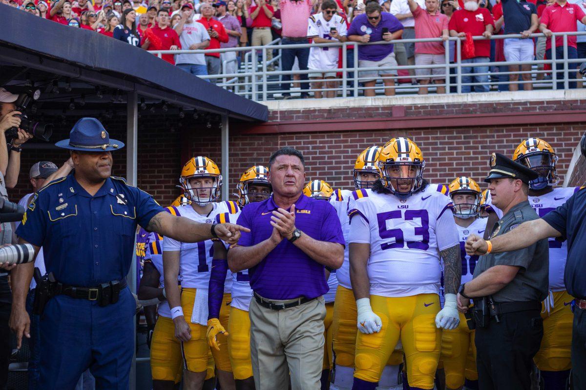 LSU football head coach Ed Orgeron waits in anticipation with the team on Saturday, Oct. 23, 2021, during LSU's 31-17 loss against the University of Mississippi, in Vaught-Hemingway Stadium, Oxford, Mississippi.