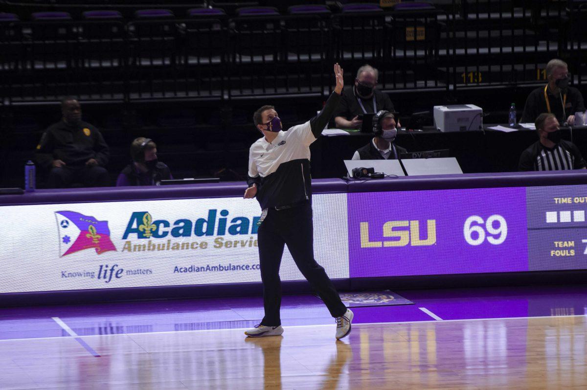 LSU men&#8217;s basketball head coach Will Wade calls out a play to the team Tuesday, March 2, 2021 during LSU&#8217;s 83-68 win against Vanderbilt in the Pete Maravich Assembly Center on N. Stadium Drive in Baton Rouge.